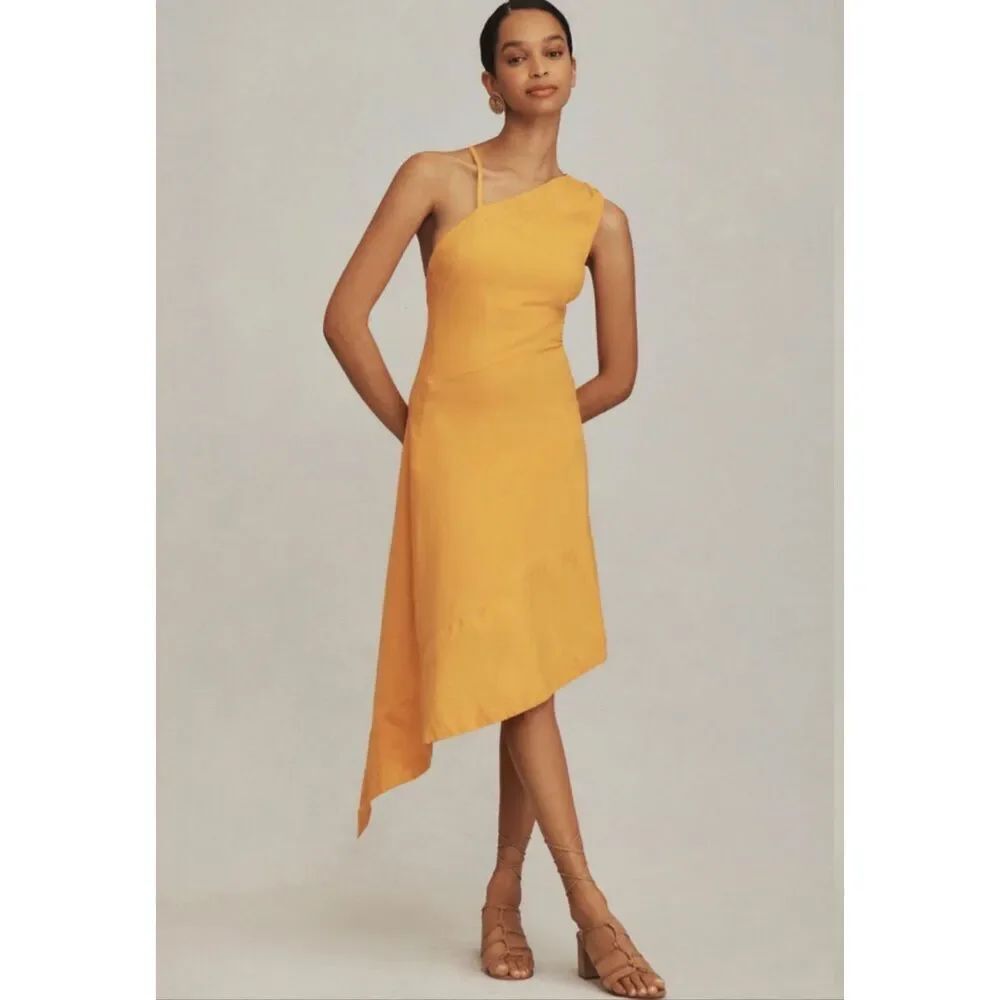 Anthropologie Size 12 Asymmetrical Open-Back Linen Midi Dress Mustard Orange